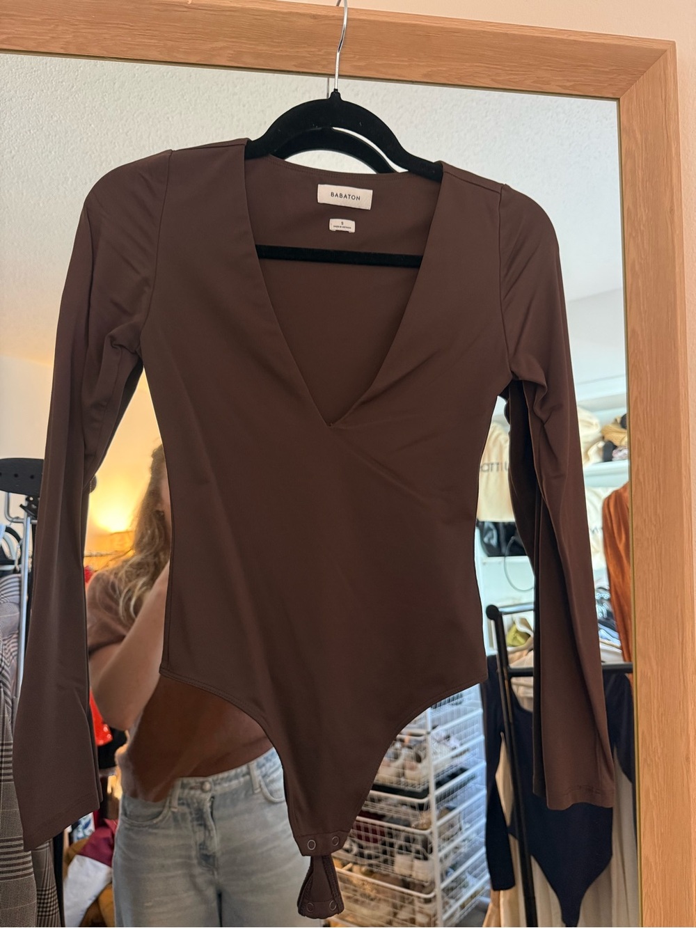 Babaton Brown Long-Sleeve V-Neck Bodysuit